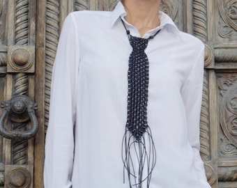 NEW Collection  Black Extravagant Leather Extra Long Macrame Tie  Necklace / HandMade by AAKASHA A16446