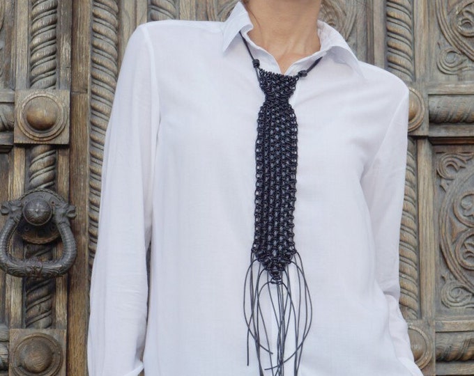 NEW Collection  Black Extravagant Leather Extra Long Macrame Tie  Necklace / HandMade by AAKASHA A16446