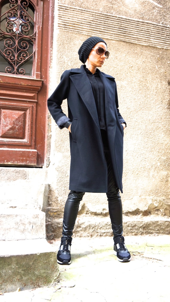 Wool Blend Black Coat, Belted Winter Jacket Lined