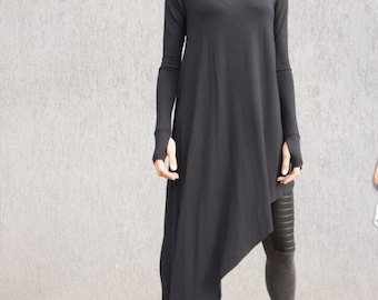 New Collection Oversize Black Loose Asymmetrical Sexy Top Viscose Top / Extravagant Tunic / lack Dress Extra Long Sleeves Thumb Holes A02574