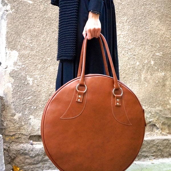 NOUVEAU sac en cuir authentique « Dark Pumpkin » / Grand sac tote circle de haute qualité / fermeture éclair vers le haut / Sac unique par AAKASHA A14318