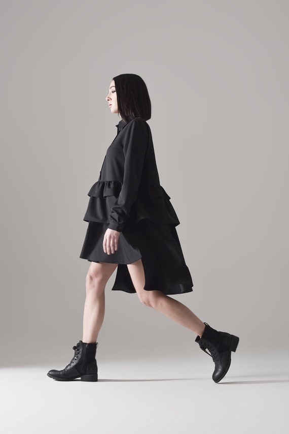 knee length dresses for ladies Black Long Sleeve Frill Hem Shirt Mini Dress – AX Paris