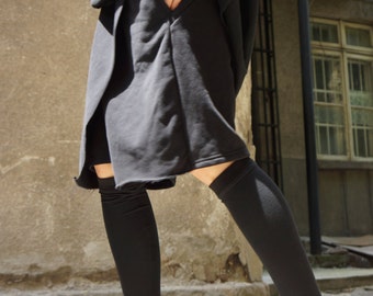 Black Cotton Harem Shorts, Loose Drop Crotch Pants Side Pockets Elastic Waistline
