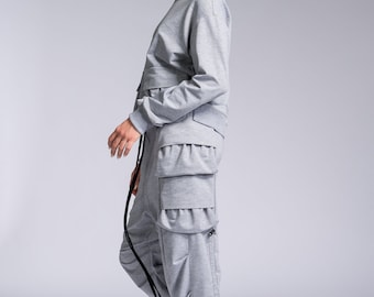 Wide Leg Cargo Pants Drop Crotch Cotton Joggers Layered Pockets Elastic Waistband