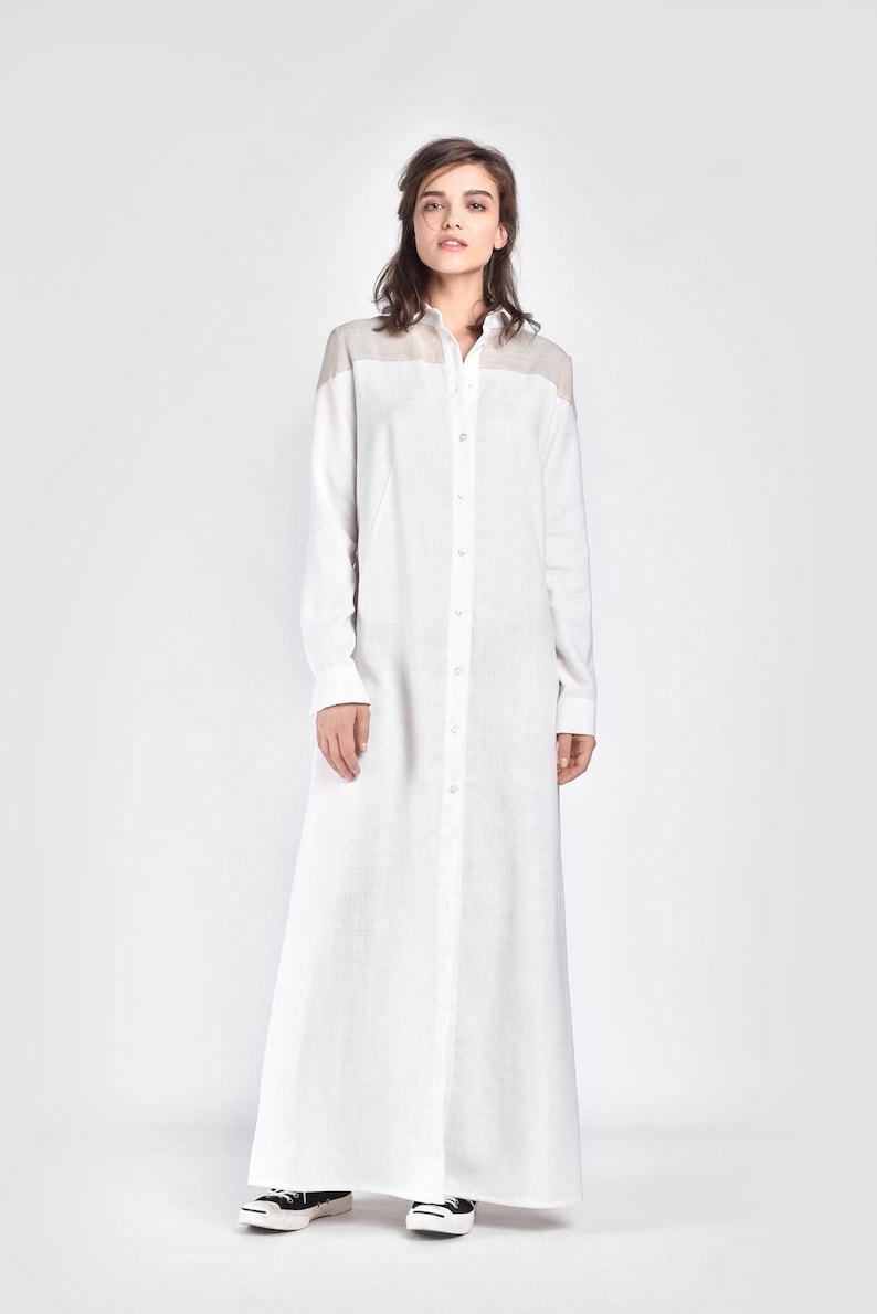 White Linen Maxi Shirt Dress, Long Sleeve Button Down Tunis With ...