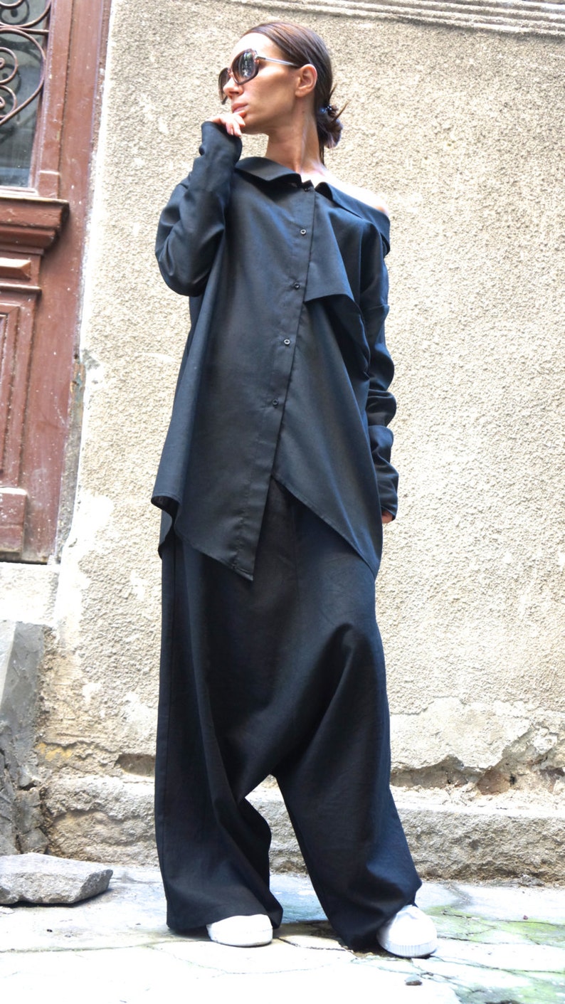 NIEUWE collectie losse linnen zwarte harembroek / extravagante drop kruis zwarte broek extravagante broek van AAKASHA A05131 afbeelding 1