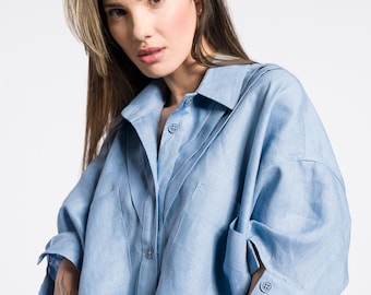 Oversized Linen Button Shirt, Boho Summer Top with Pockets A92365