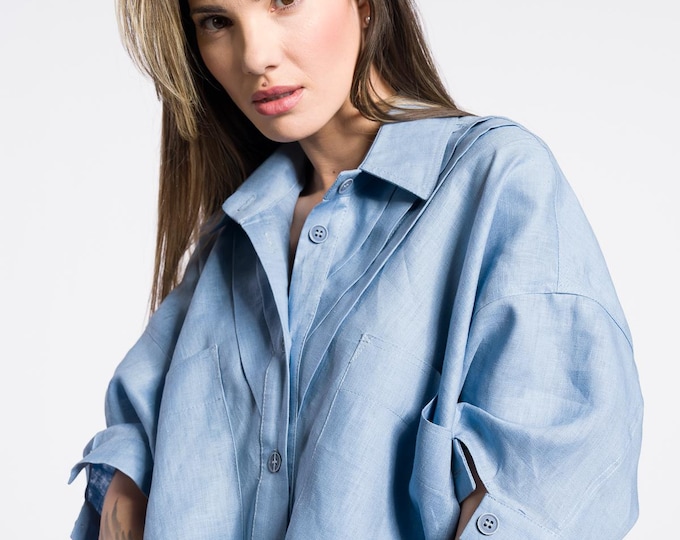 Linen Summer button shirt , Oversized OEKO-TEX Certified linen boho shirt , 100% linen shirt with side pockets A92365