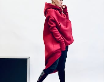 Extravarant Maxi Asymmetric Hoodie / Fleece Cotton Warm  Top A08023