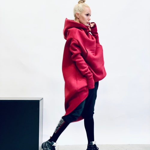 Navy Extravarant Maxi Asymmetric Hoodie / Burgundy Fleece Cotton Warm  Top A08023