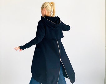 Maxi Asymmetric Hoodie, Terry Cotton Front/Back Zippers, Thumb Holes Side Pockets