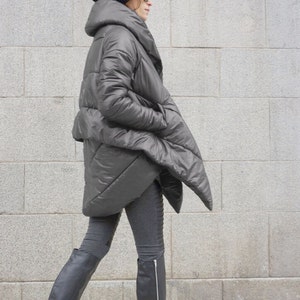 NEW Winter Extra Warm Asymmetric Extravagant  Grey Hooded Coat / Waterproof Windproof Quilted with Side Pockets   by Aakasha A07550