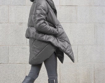 NEW Winter Extra Warm Asymmetric Extravagant  Grey Hooded Coat / Waterproof Windproof Quilted with Side Pockets   by Aakasha A07550
