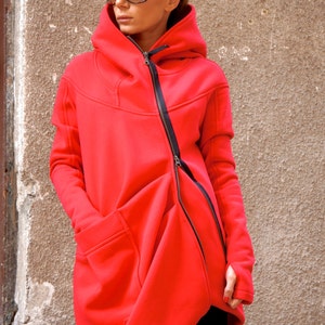 NEW Lined Warm Asymmetric Extravagant Watermelon Hooded Coat / Quilted Lined Cotton Jacket / Thumb Holes / Outside and Inside pockets A07177 image 3