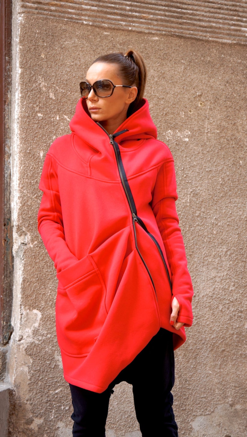 NEW Lined Warm Asymmetric Extravagant Watermelon Hooded Coat / Quilted Lined Cotton Jacket / Thumb Holes / Outside and Inside pockets A07177 image 3