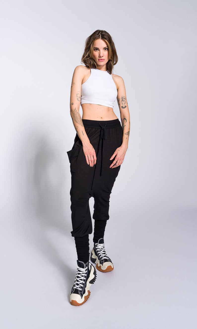 Loose Drop Crotch Pants with Ribbed Cuffs image 4