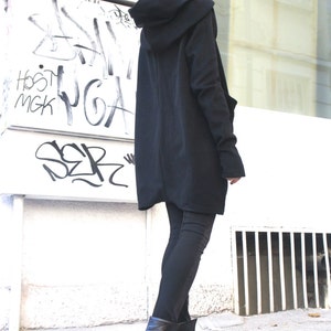 Autumn / Winter Asymmetryc Extravagant Black Hoodded Coat / Wool Coat / Wool Cashmere Blend A07079 image 3