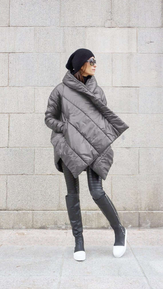 NEW Winter Extra Warm Asymmetric Extravagant Grey Hooded Coat / Waterproof  Windproof Quilted With Side Pockets by Aakasha A07550 