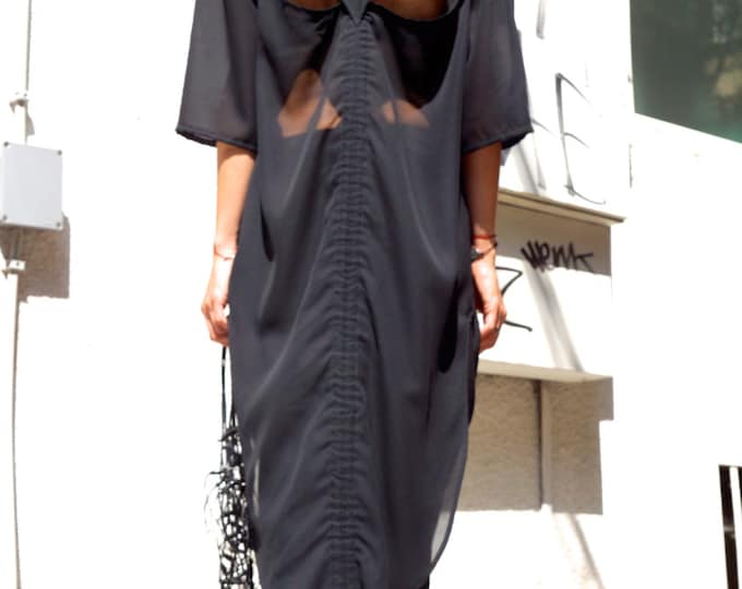 Black Chiffon Extravagant  Loose  Black Shirt/ Asymmetrical shirt/ Oversize Summer  Top A11116