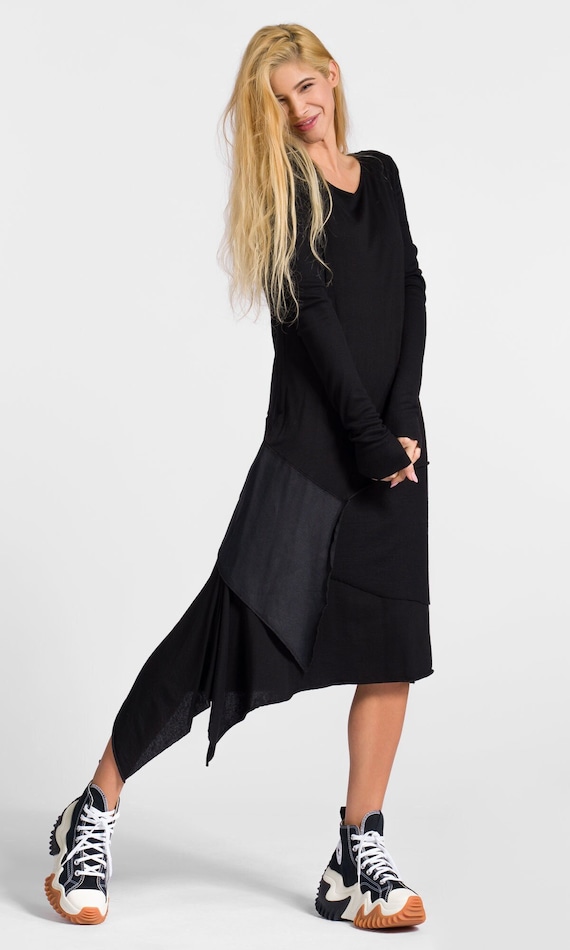 Mixed Fabric Layered Dress, XS / Black / Tencel - 93% Tencel; 7% Elastane Mixed Fabric Layered Dress, XS / Black / Tencel - 93% Tencel; 7% Elastane