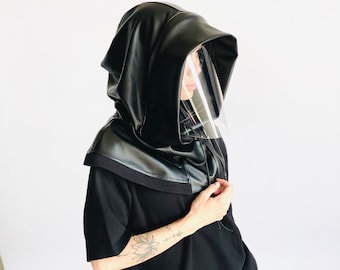 Hooded  Face Shield Vegan Reusable, Shield Mask , Face Mask Adults, Face Hood Faux Leather , Protective Face Wear, Zipper Shield  by Aakasha