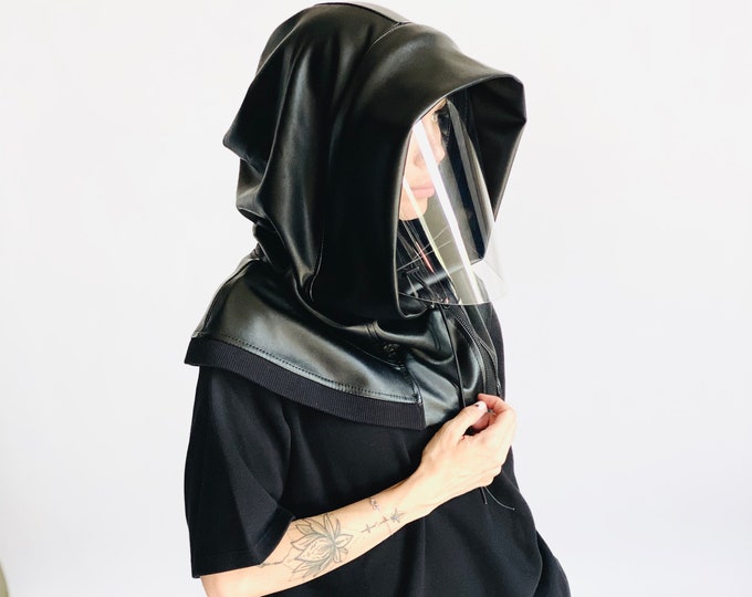 Hooded  Face Shield Vegan Reusable, Shield Mask , Face Mask Adults, Face Hood Faux Leather , Protective Face Wear, Zipper Shield  by Aakasha