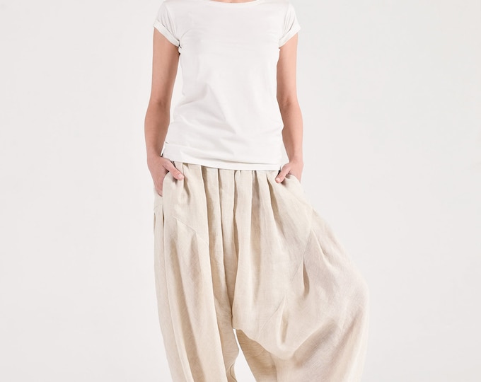 Summer Linen Drop Crotch  Pants , Oversized Linen Summer Pants ,Bohemian Linen draped Pants, Elegant linen harem pants, Boho  pants A90501