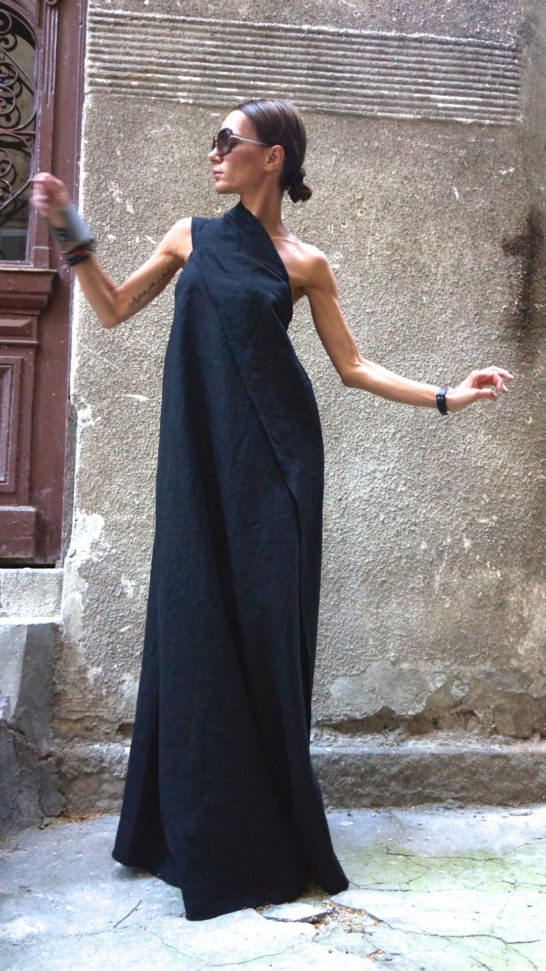 Maxi Dress Black Kaftan Linen Dress One Shoulder Dress - Etsy