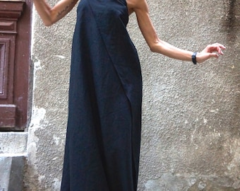 Black Kaftan Maxi Dress – One Shoulder Linen OEKO-TEX Certified Linen Party Dress, Extravagant Cold Shoulder Long Dress by AAKASHA A03144