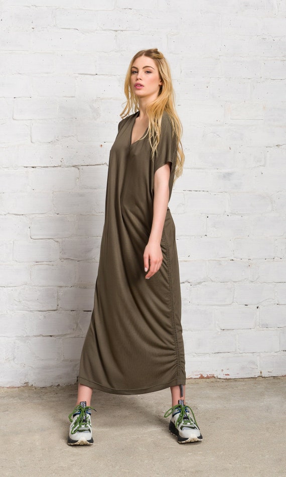 fitted casual maxi dress Pink Long Sleeve Jersey Tight Dress: Cotton Fitted Bodycon Minimalist Fit Flare Scoop Neck