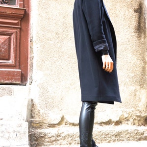 Wool Blend Black Coat, Belted Winter Jacket Lined image 2