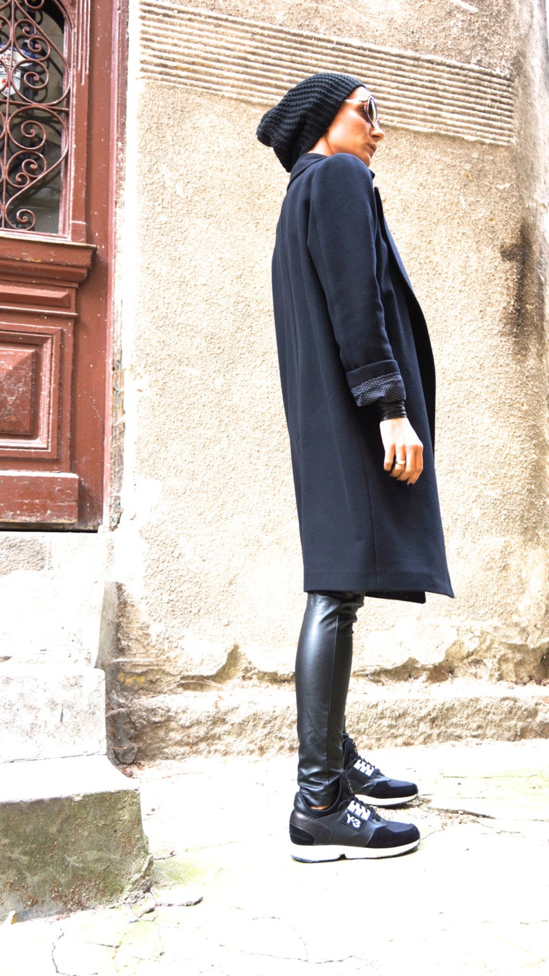 Wool Blend Black Coat, Belted Winter Jacket Lined image 2