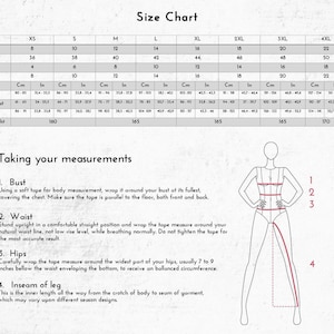 May include: Size chart for clothing with measurements in inches and centimeters. The chart includes sizes XS to 4XL. The chart also includes a diagram showing how to measure bust, waist, hips, and inseam of leg.
