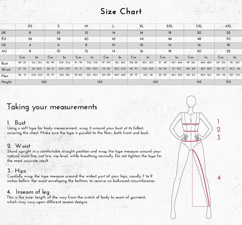 May include: Size chart for clothing with measurements in inches and centimeters. The chart includes sizes XS to 4XL. The chart also includes a diagram showing how to measure bust, waist, hips, and inseam of leg.