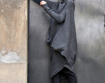 Dark Grey Tunic Top, Oversized Asymmetric Knit Blouse Turtle Neck