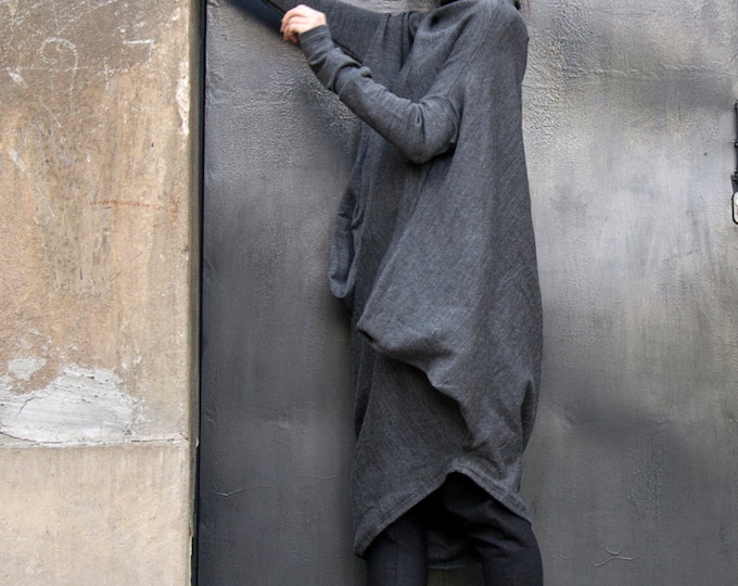 Oversize Dark Grey Loose Casual Top / Asymmetric Raglan Long SleevesTunic Knit Top / Maxi Blouse Turtle neck Tunic A02058