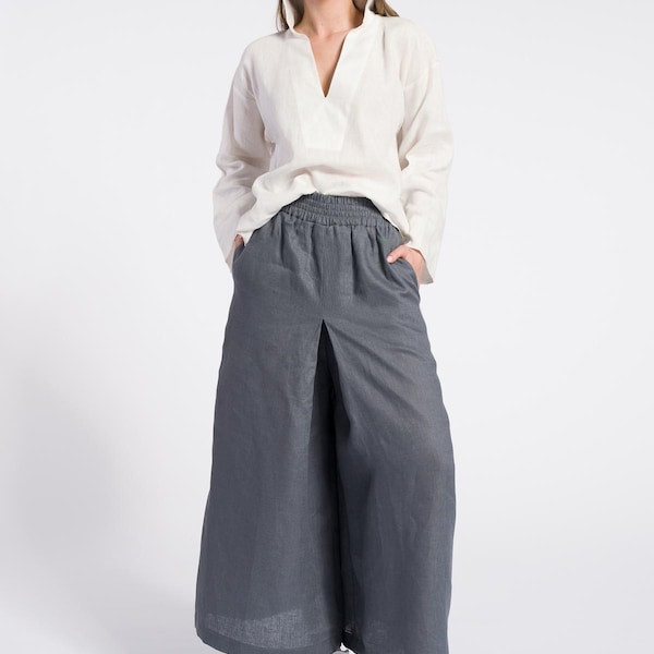 Linen Wide Leg Crop Pants, Elastic Waist, Inverted Pleat Side Pockets