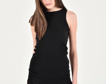 New Aakasha Basic regular Fit Black Tank Top / High front neckline ribbed cotton top A04742