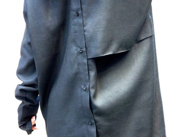 Black Linen Maxi Shirt, Asymmetrical Oversize Tunic