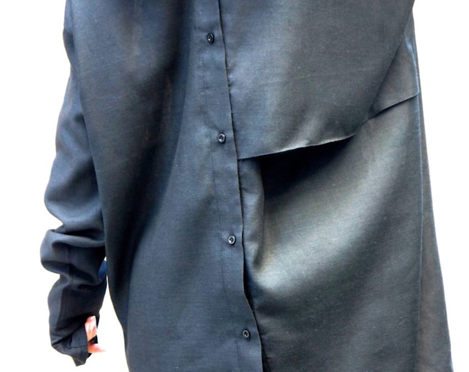 NEW COLLECTION Black Linen Shirt / Extravagant Shirt / Asymmetrical shirt / Oversize Summer Top by Aakasha A11142