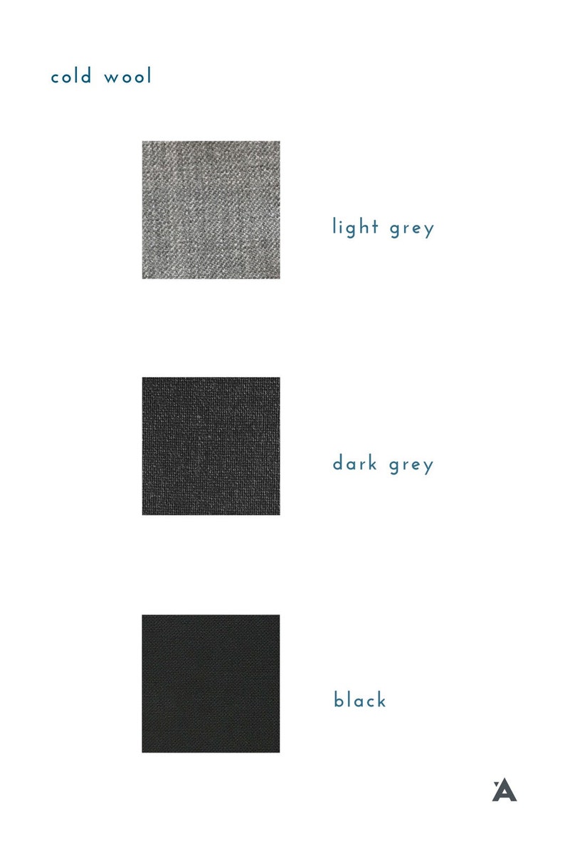 May include: Three fabric swatches in different shades of gray. The swatches are labeled "cold wool", "light grey", "dark grey", and "black".