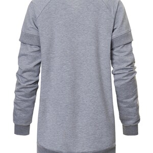 May include: A gray long-sleeved sweatshirt with a ribbed crew neck and cuffs. The sweatshirt has a double layer on the sleeves.