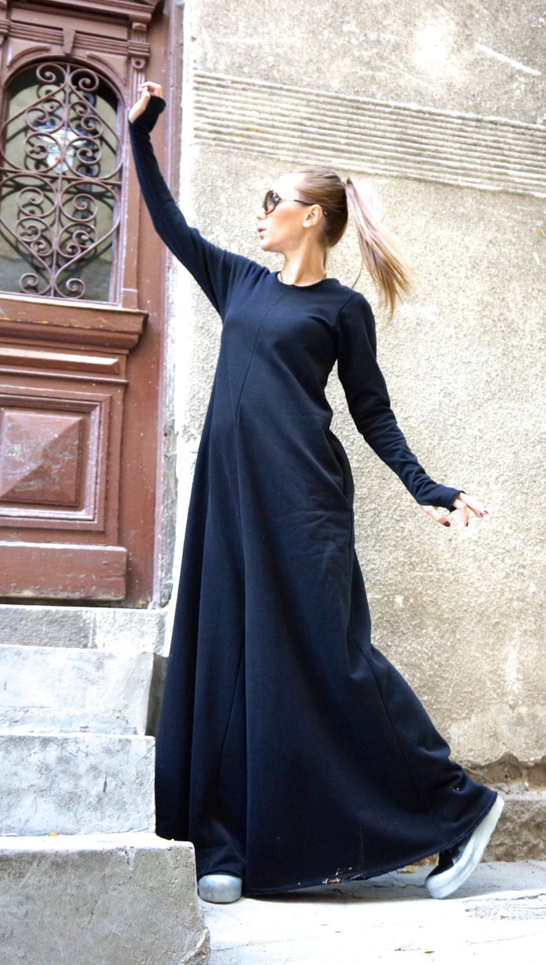 NEW Collection Black Cotton Wide Leg Maxi Jumpsuit / Extravagant Jumpsuit /Long Sleeves Thumb Holes with side pockets by AAKASHA A19517 image 4