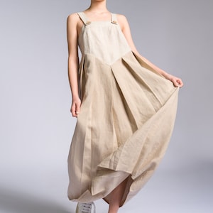 Linen Maxi Dress with Pleats, Oversized Relaxed Fit Side Pockets