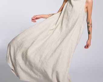 Linen High Neck Maxi Dress - Boho Summer Cocoon Dress, Plus Size OEKO-TEX Certified Linen, Minimalist Loose Fit Dress by Aakasha  A92318