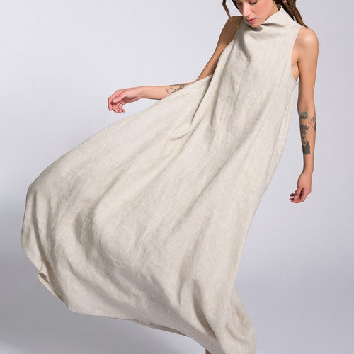 Maxi Linen Dress  High Neck Boho Cocoon, Plus Size Summer Dress Side  Pockets - Etsy