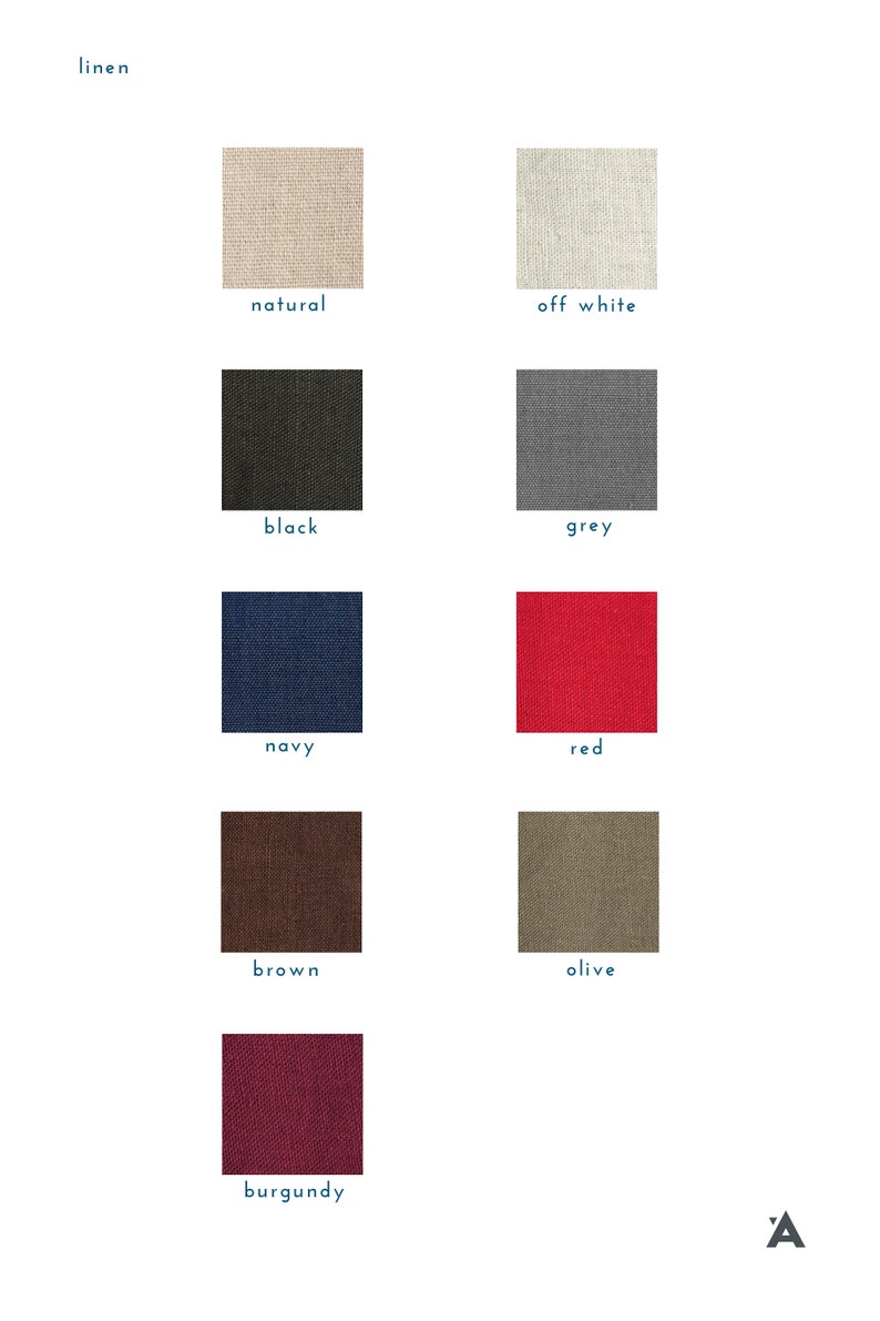 May include: A chart showing different colors of linen fabric. The colors are natural, off white, black, grey, navy, red, brown, olive, and burgundy.