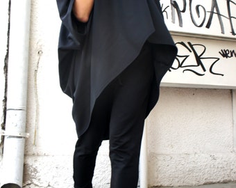 Oversized Loose Extra Large Black Blouse / Asymmetric Tunic Top A01103