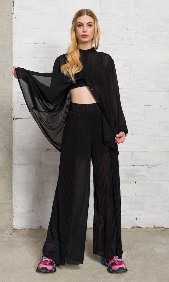 Sheer Plated Wide Leg Pants A92160 - Etsy