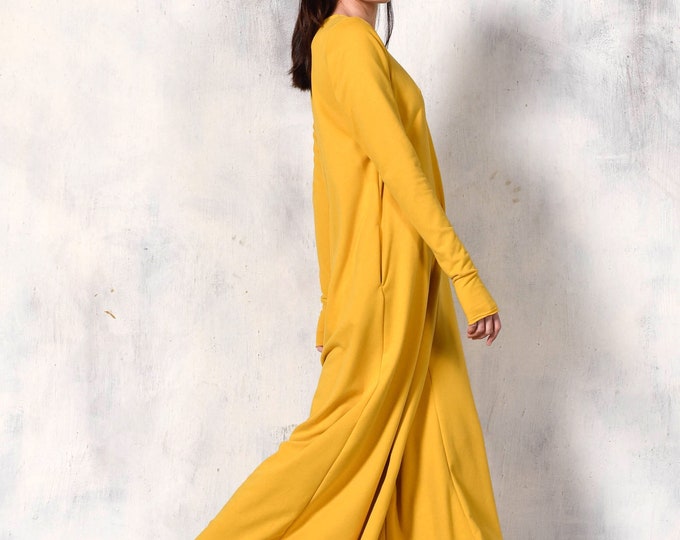 NEW Collection Yellow Cotton Wide Leg Maxi Jumpsuit / Extravagant Jumpsuit /Long Sleeves Thumb Holes with side pockets by AAKASHA A19517